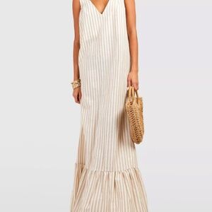 NWOT STRIPE TAN TRAPEZE MAXI DRESS US 4